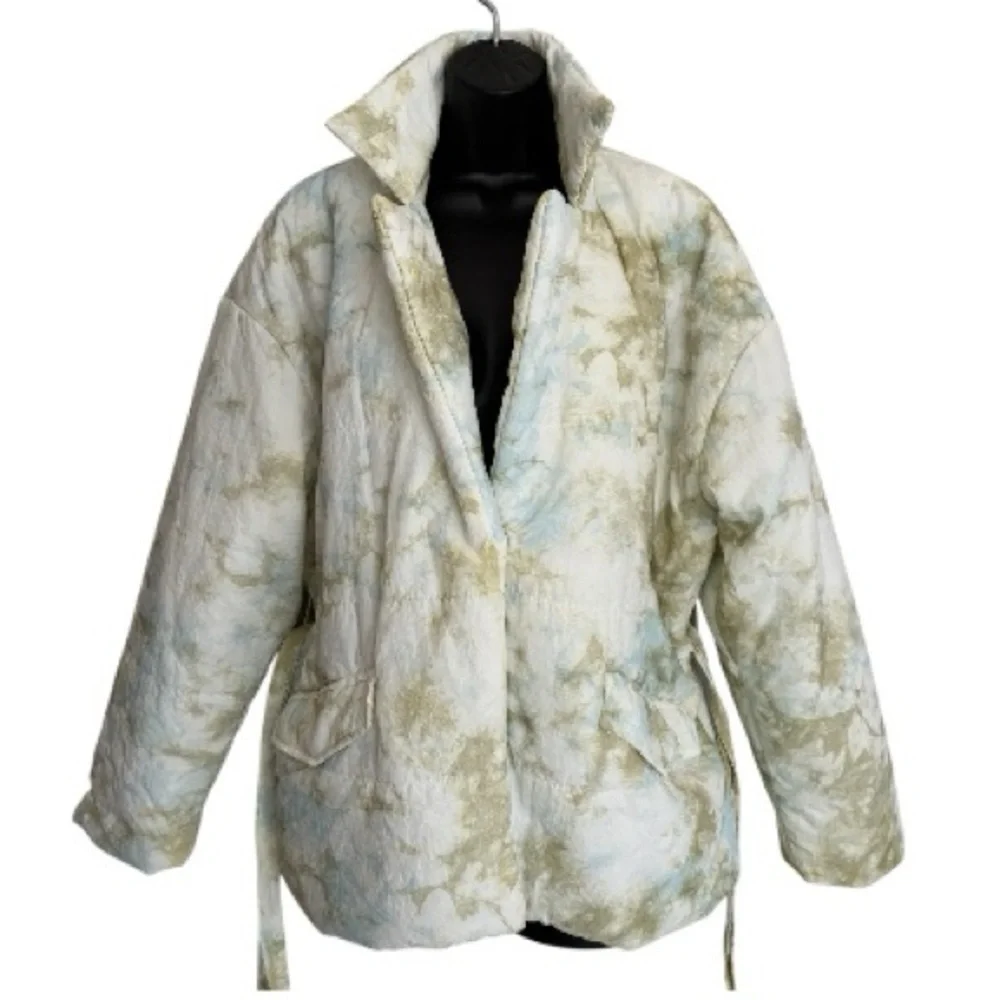 Blank NYC Perfect Day Marble-Print Puffer Jacket in Light Green and Cream Size S
